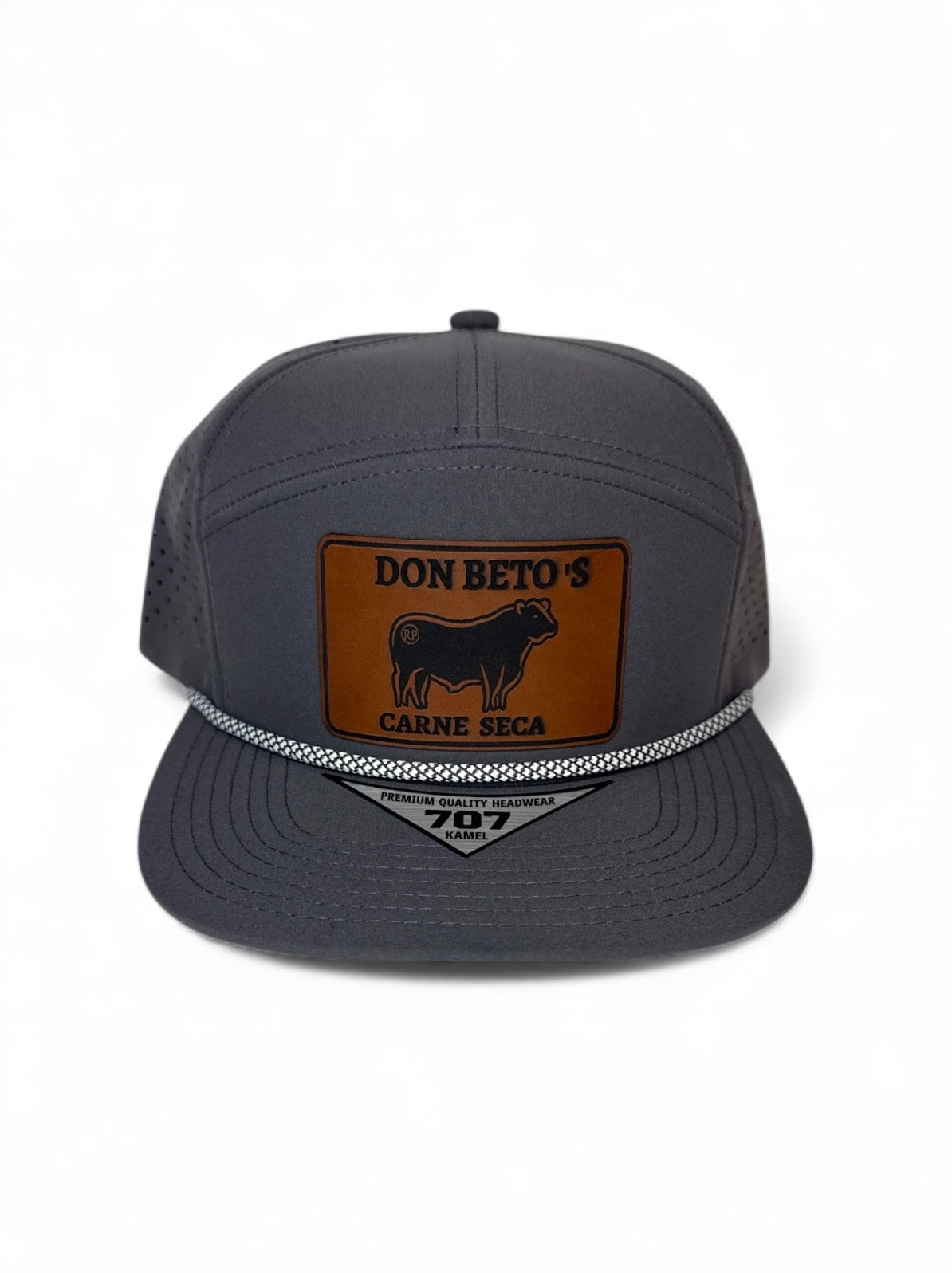 DARK GREY SNAPBACK WITH DARK BROWN PATCH AND WHITE ROPE