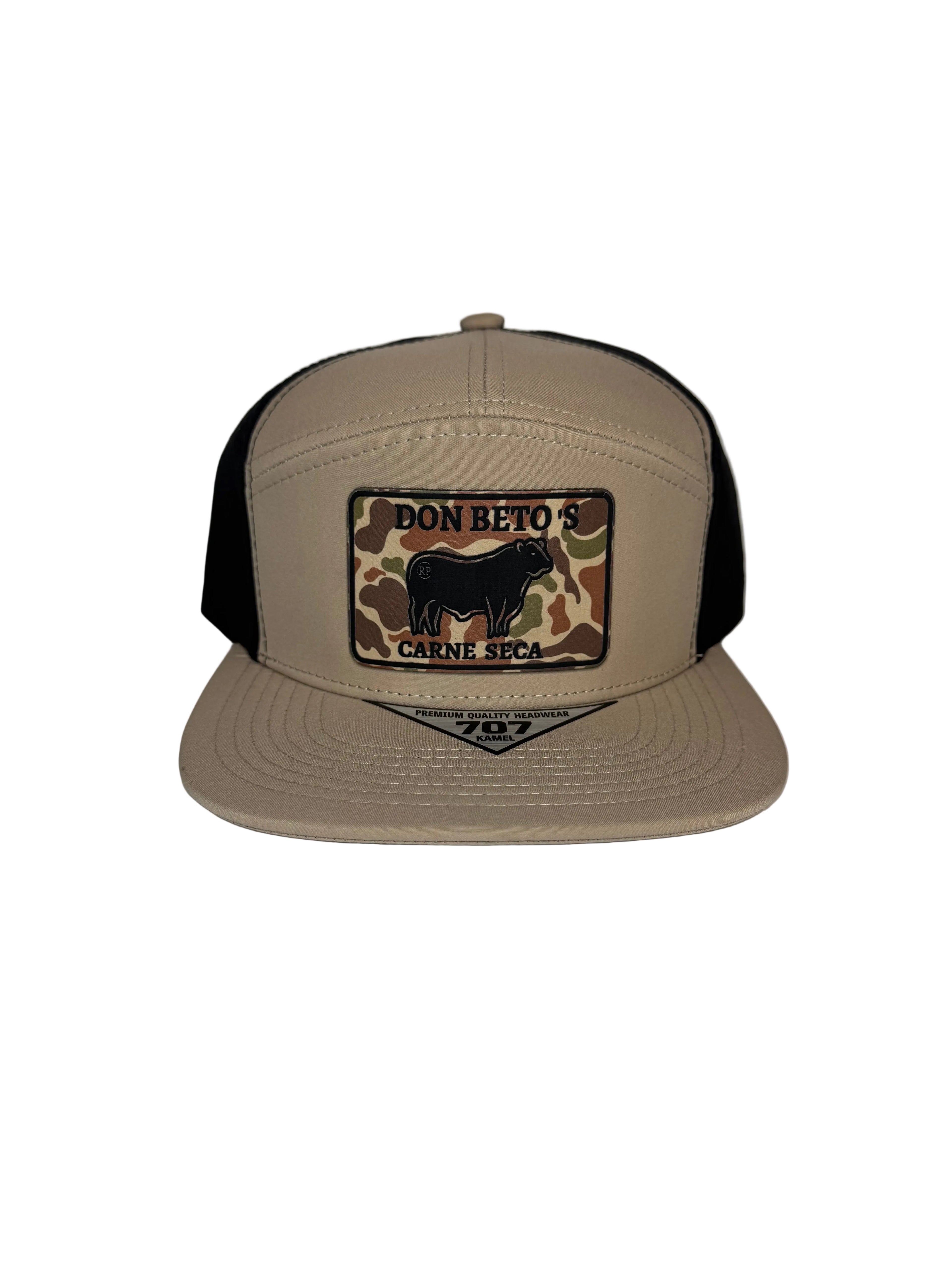 BEIGE AND BLACK SNAPBACK WITH BROWN CAMO PATCH