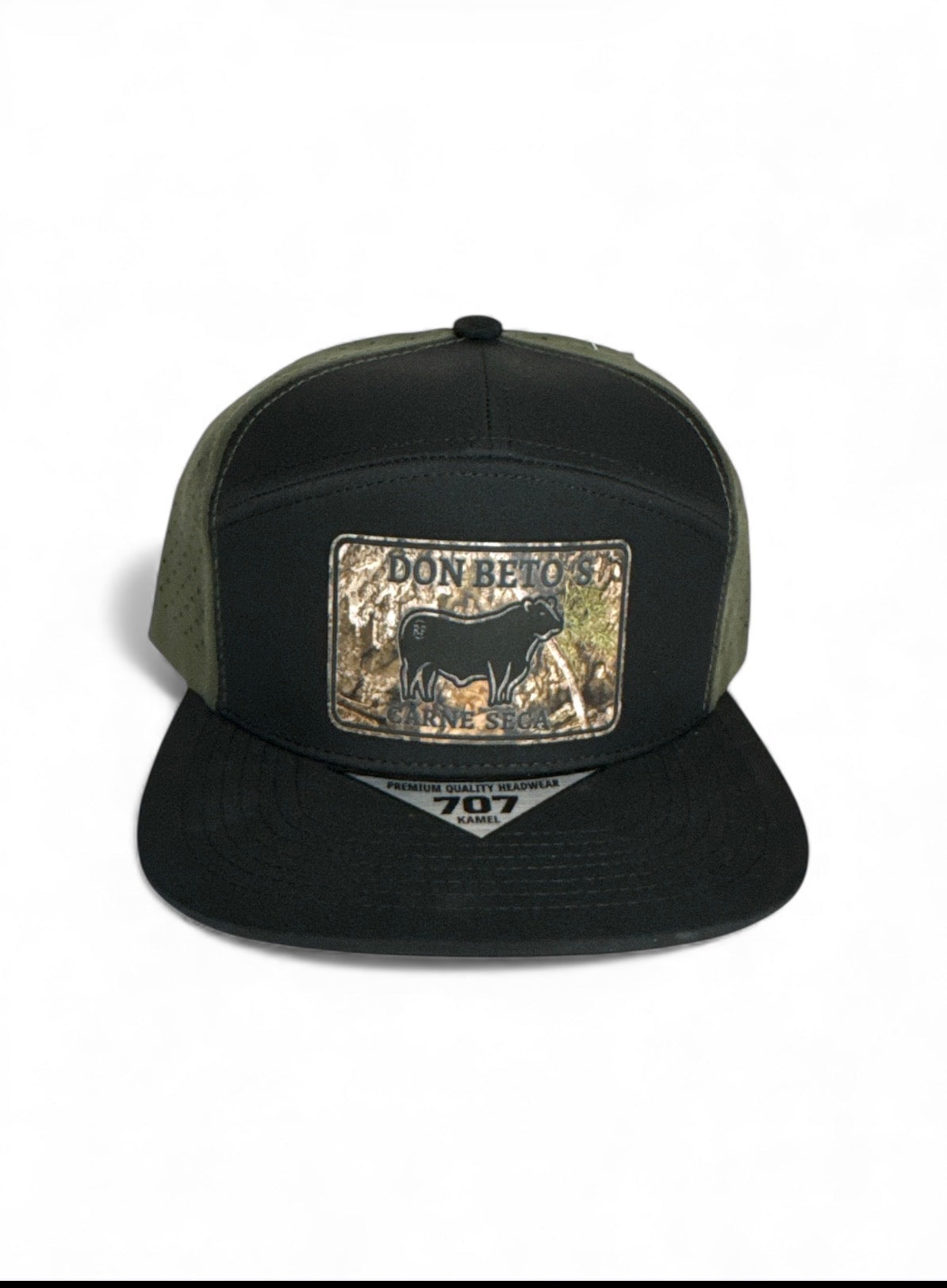BLACK AND GREEN SNAPBACK WITH CAMO PATCH